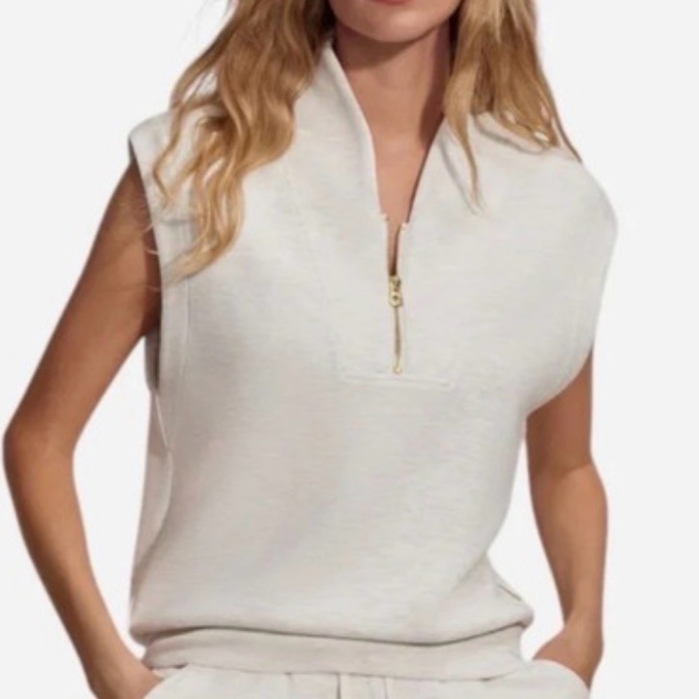 NWT Varley Loretta Half-Zip Sleeveless Vest in Heathered Ivory Marl